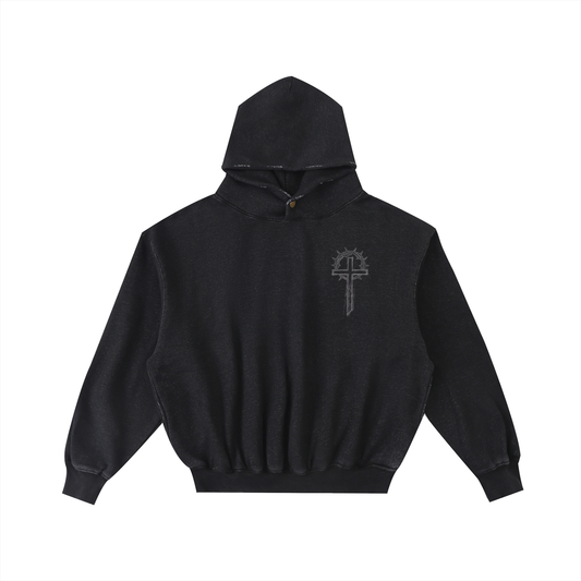 Classic Cross Frayed Enzyme Washed Fleece Hoodie