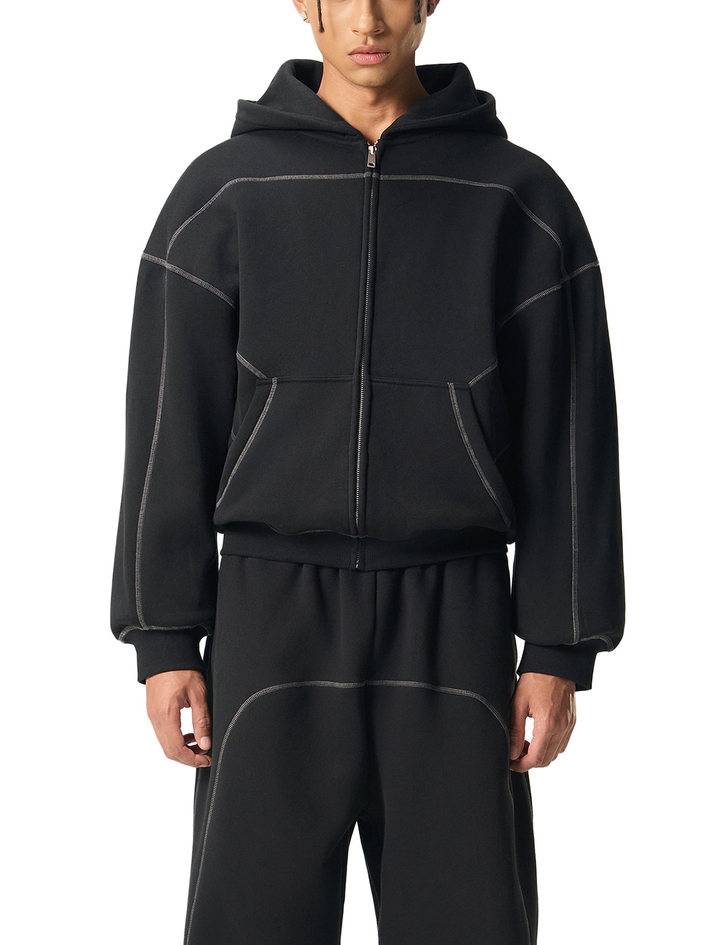 Contrast-Stitched Boxy Fleece Zip-Up