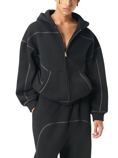 Contrast-Stitched Boxy Fleece Zip-Up